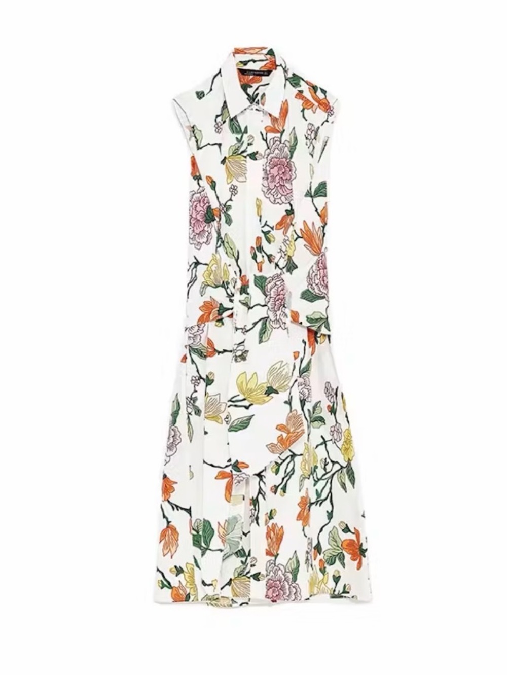 Sleeveless White Floral Wrap Shirt Dress